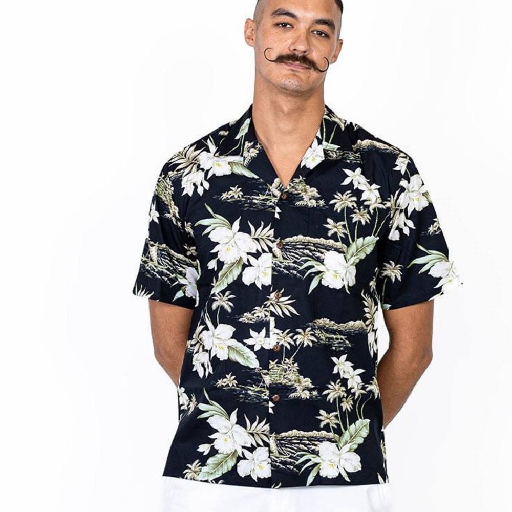 Hawaiian Togs Floral Cotton Button Front Short Sleeve Shirt Black Size XL